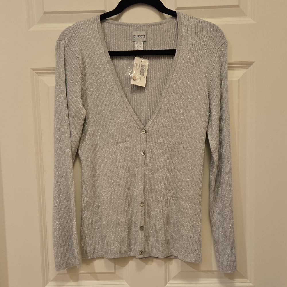 Chico's Silver Glitzy Cardigan Sweater Sz 2